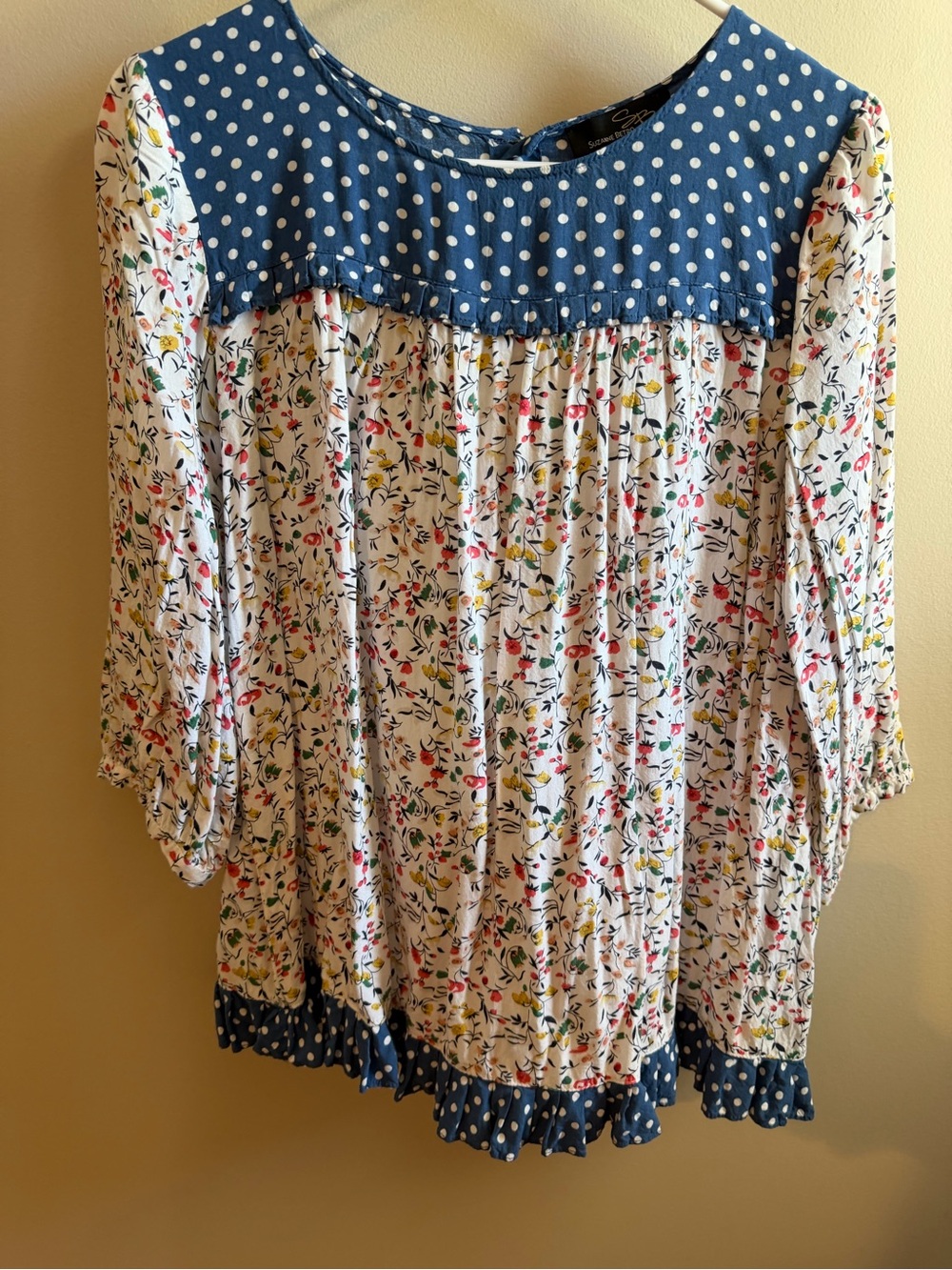 Suzanne Betro White Floral Blouse with Blue Polka Dots